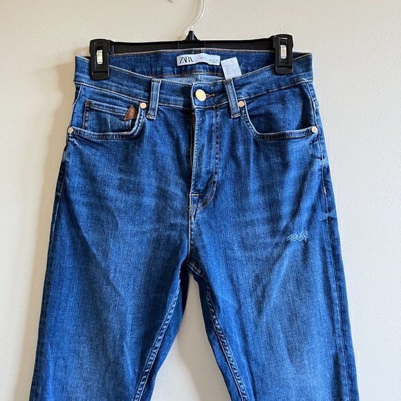 ZARA HIGH RISE SKINNY DISTRESSED JEANS DENIM WOMENS SIZE 30 BLUE - Picture 2 of 8